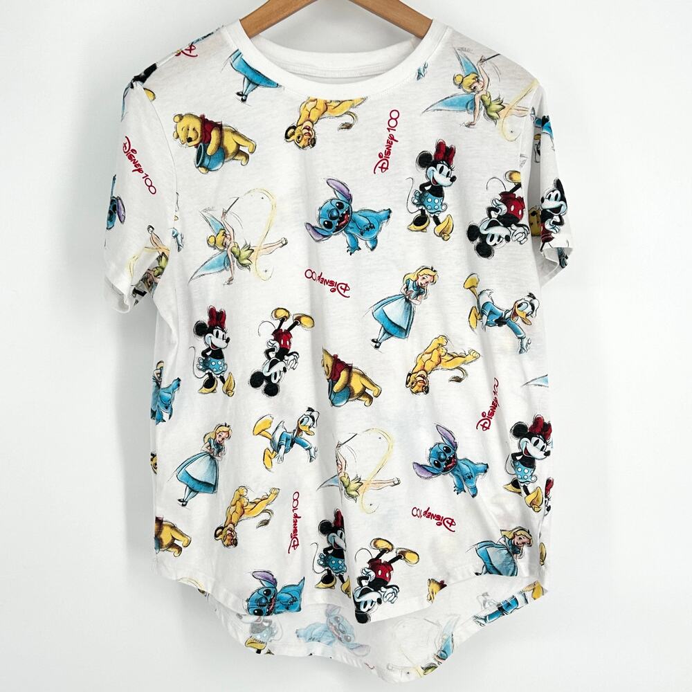Disney Shirt Womens All Over Print Mickey Mouse 100‎ Year Collectors Large White